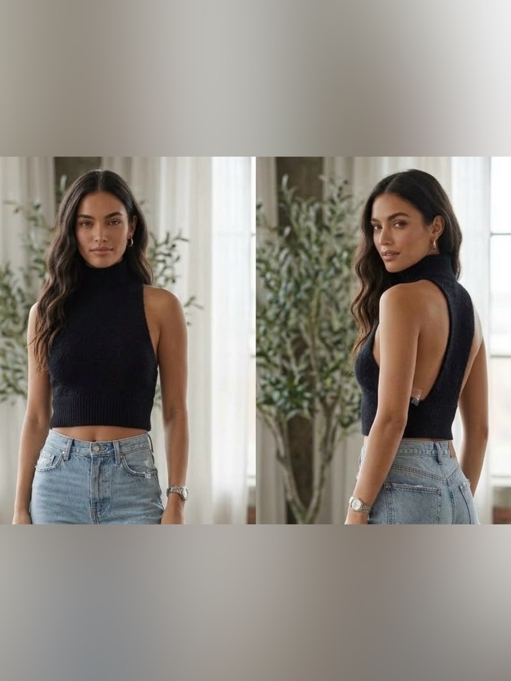 Olivaceous Black High Neck Knit Crop Top Halter Sleeveless Sweater Small